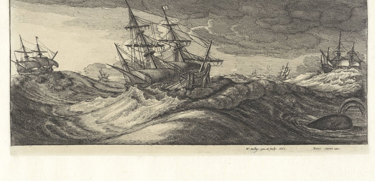 Krigsskepp och en val i en havsstorm Sea storms (serietitel) av Wenceslaus Hollar