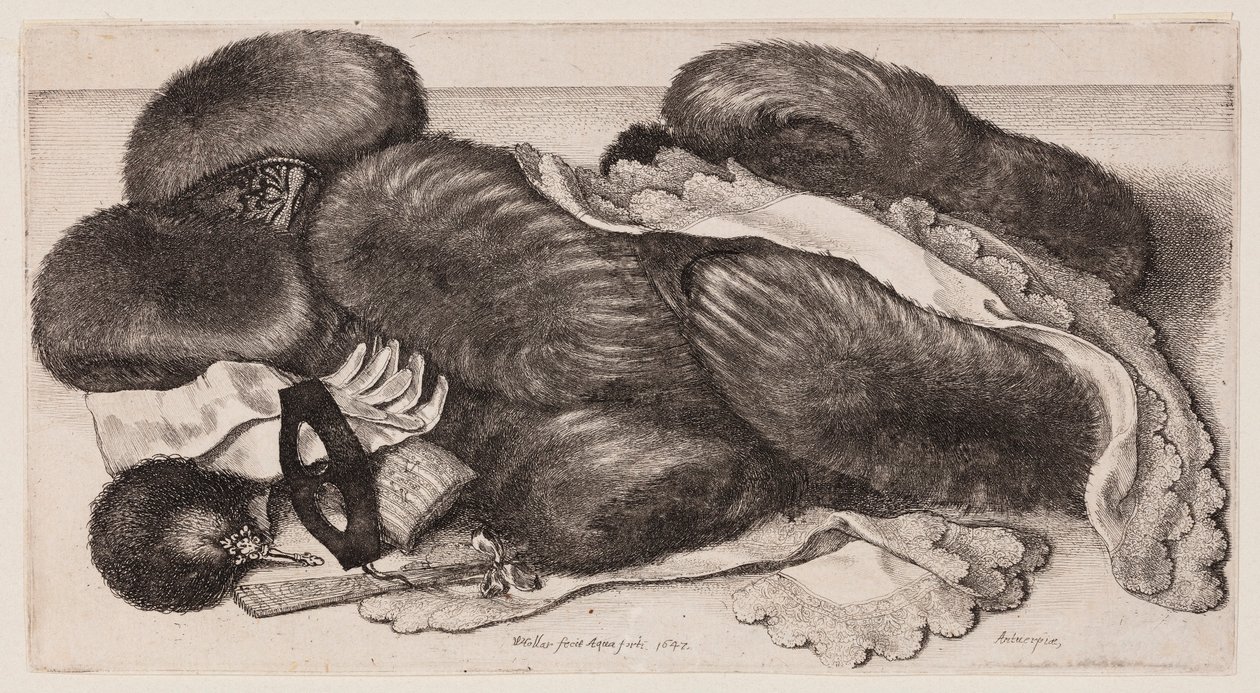Uppställning med mössor, handskar och halsdukar av Wenceslaus Hollar