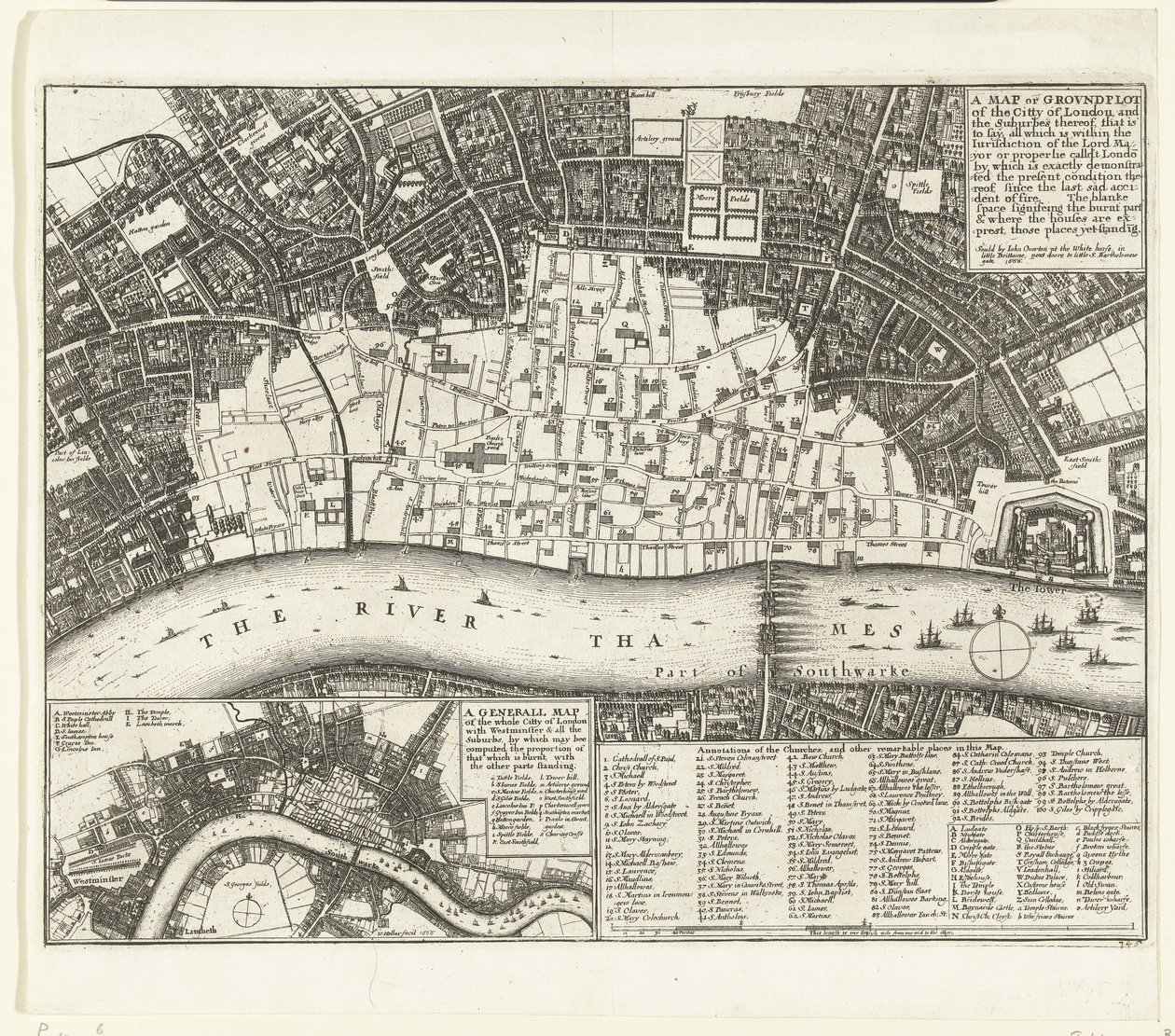 Karta över London efter den stora branden 1666 En karta eller tomt över London City and the Suburbes (...) (titel på objekt) av Wenceslaus Hollar