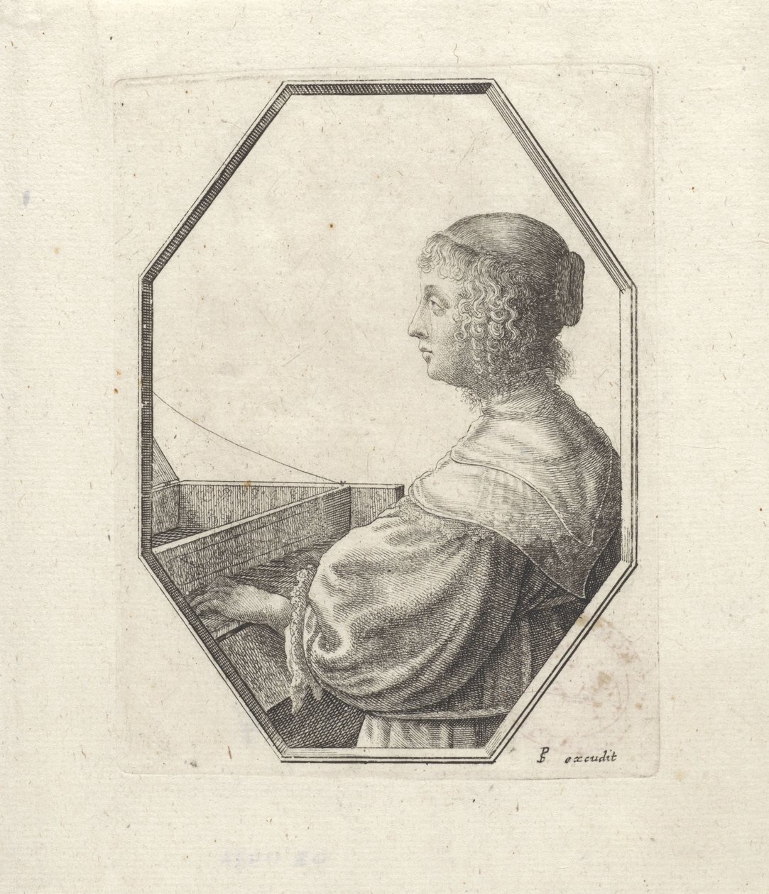 Porträtt av en kvinna bakom en virginal av Wenceslaus Hollar