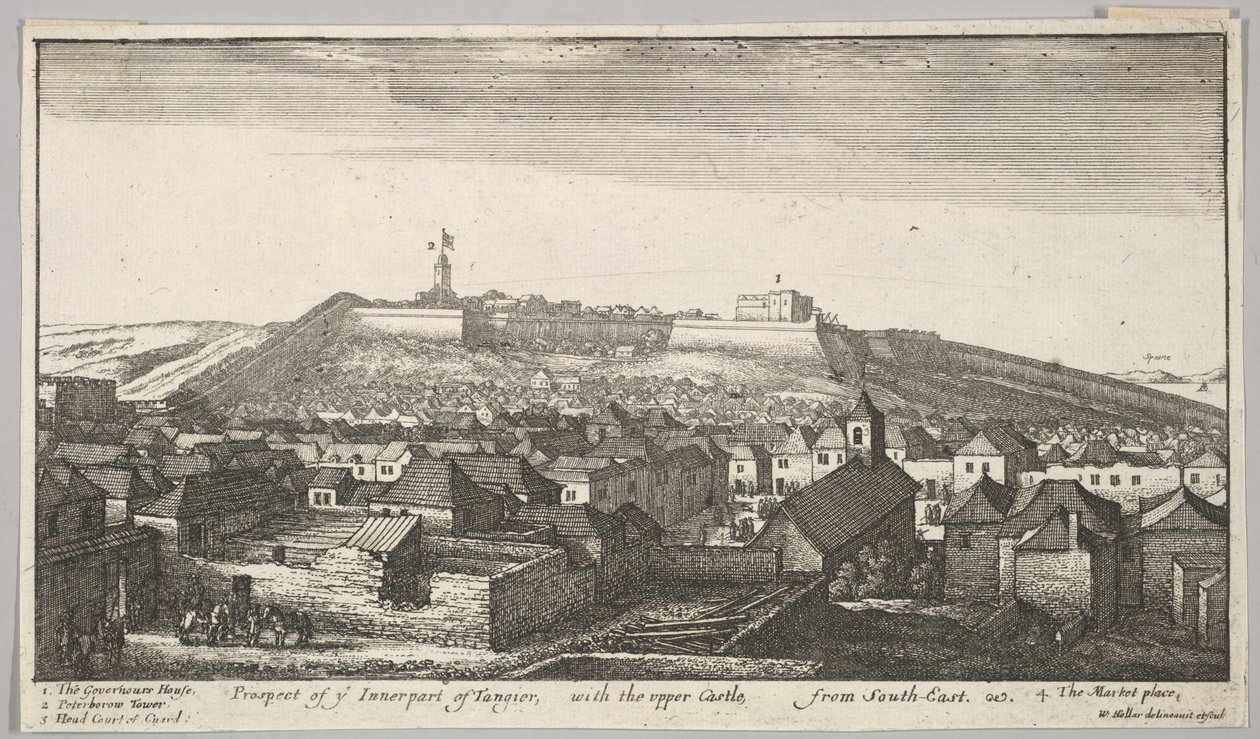 Prospekt av den inre delen av Tanger, med det övre slottet, från sydost, 1669-73. av Wenceslaus Hollar