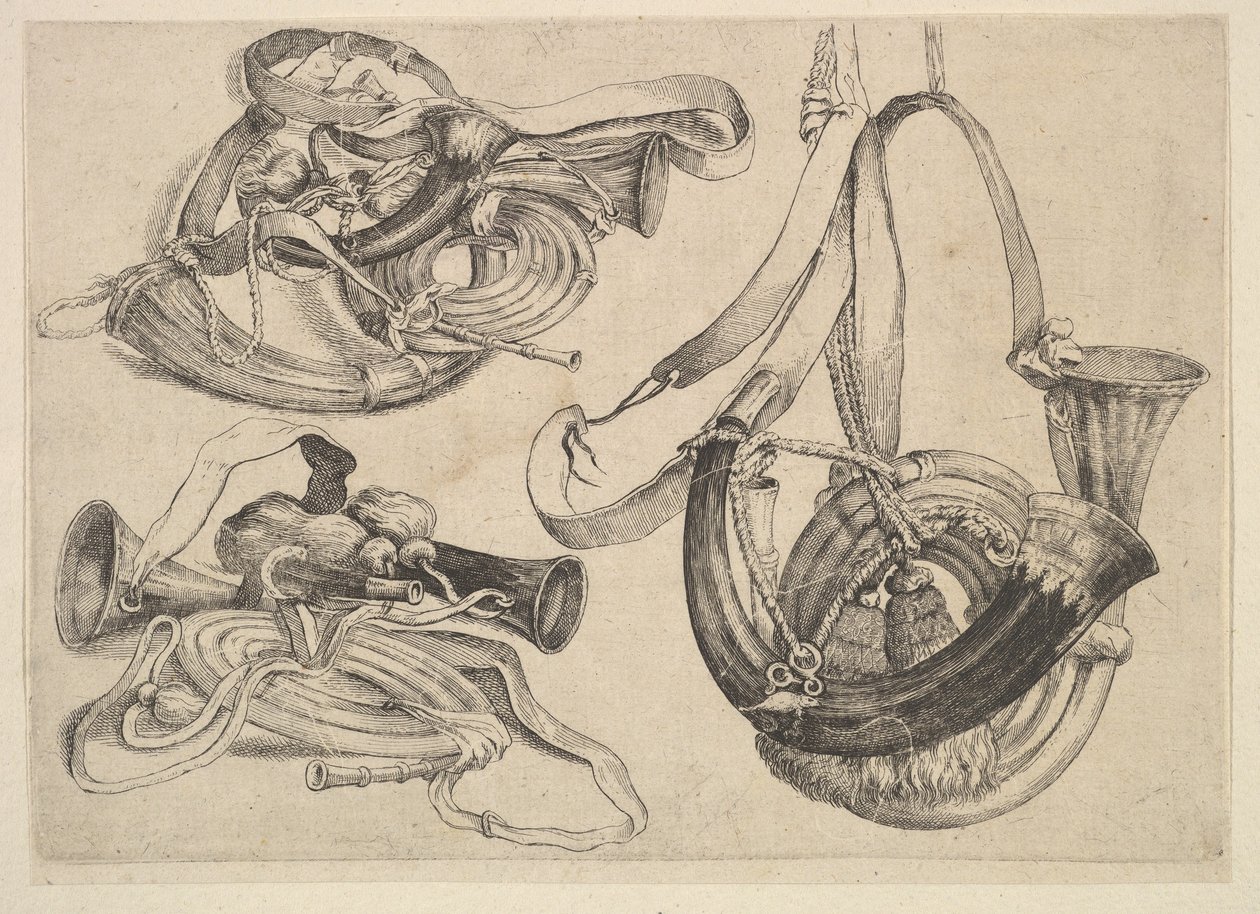 Sju jakthorn i tre grupperingar, 1625-77. av Wenceslaus Hollar