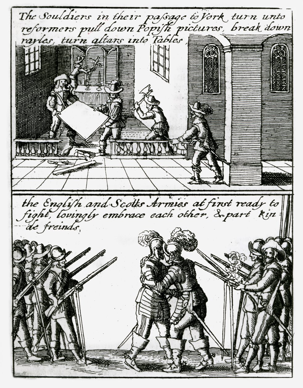 Soldater förstör religiösa bilder i en kyrka; Engelska och skotska soldater omfamnar av Wenceslaus Hollar