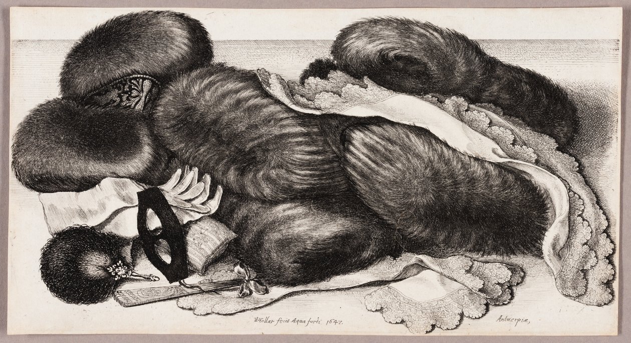 Stilleben med en grupp muffar, ett par handskar och två huvuddukar av Wenceslaus Hollar