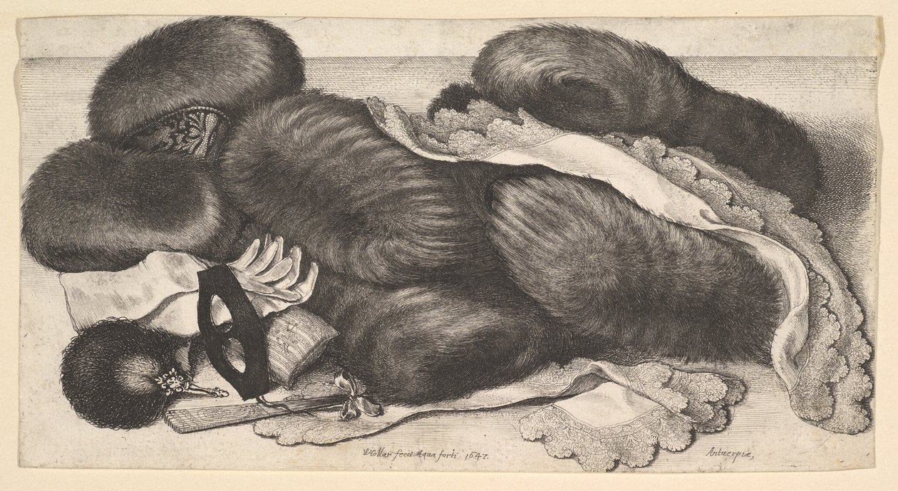 Stilleben med en grupp muffar, ett par handskar, fläktar, mask och två halsdukar, 1647. av Wenceslaus Hollar