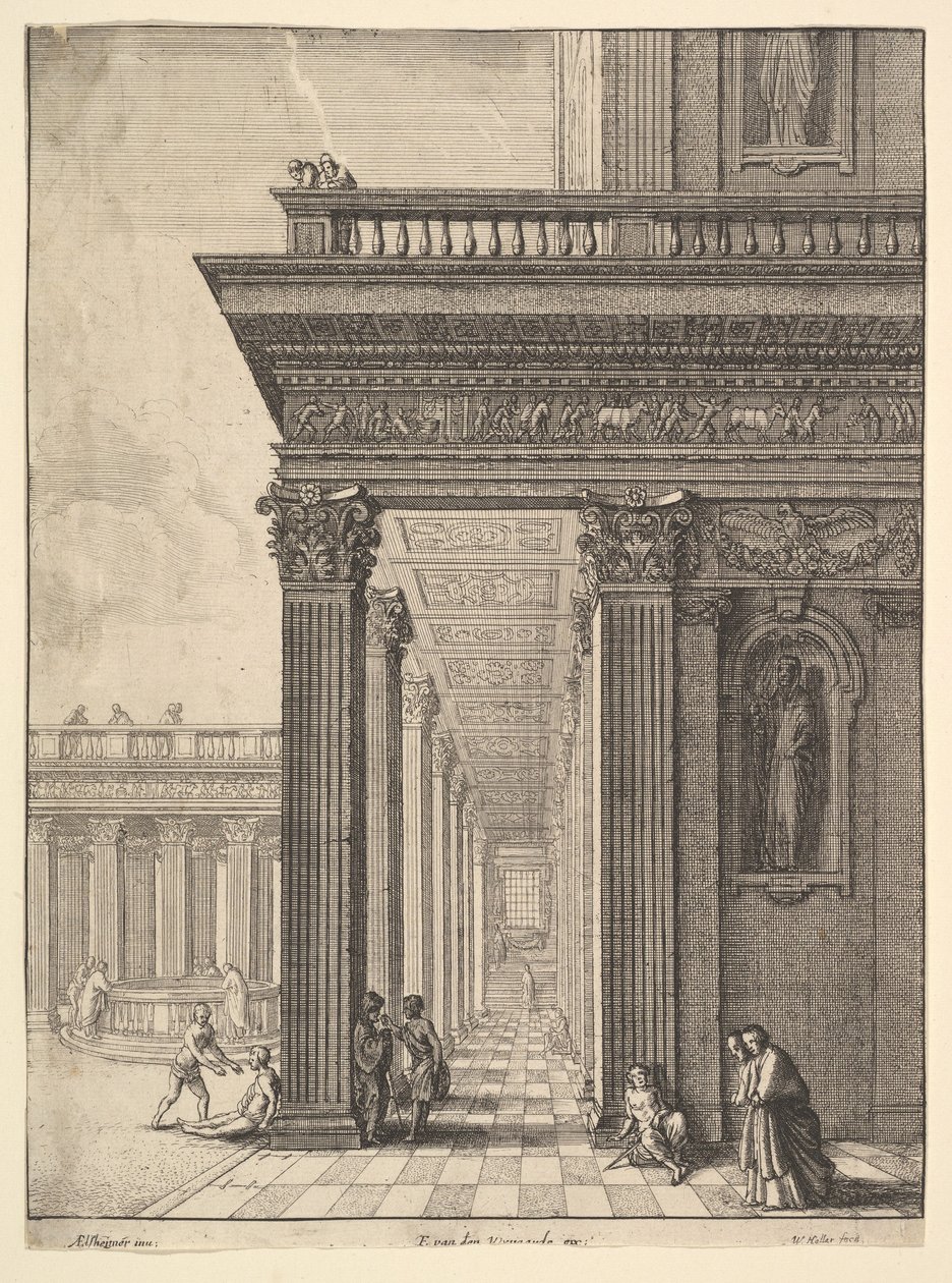 Tempelgård med figurer, efter David Teniers den äldre, 1625-77. av Wenceslaus Hollar