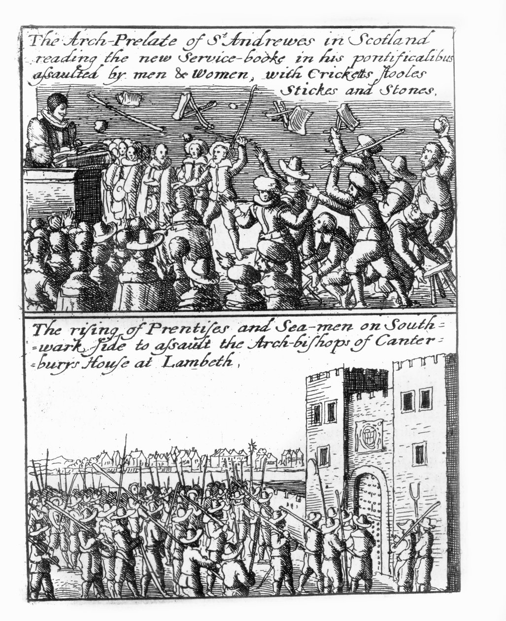 Ärkeprelaten av St Andrews predikar i Skottland; uppgång av lärlingar och sjömän vid Lambeth Palace av Wenceslaus Hollar