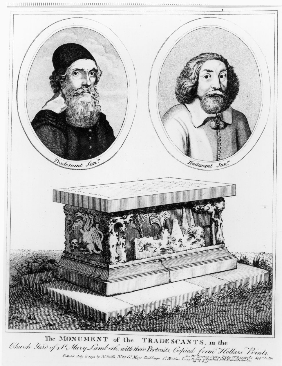 Monumentet av Tradescants i Church Yard of St. Mary Lambeth, pub. år 1793 av Wenceslaus Hollar