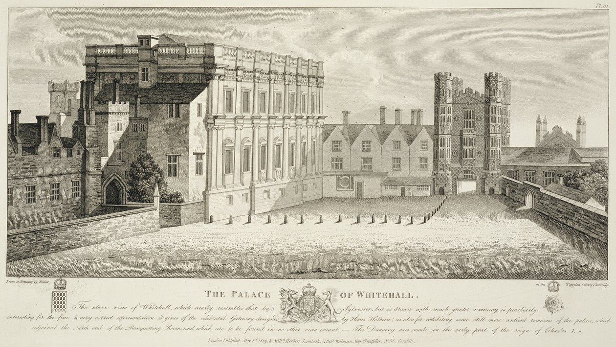 The Palace of Whitehall, från en teckning i Pepysian Library, Cambridge, publicerad 1809 av Wenceslaus Hollar