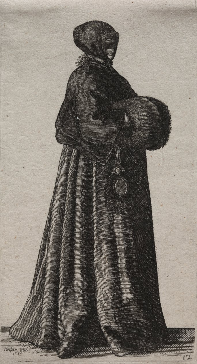 Engelska kvinnors flera vanor, från adeln till landets kvinnor som de är i dessa tider: Kvinnan med mask, huva och muff av Wenceslaus Hollar