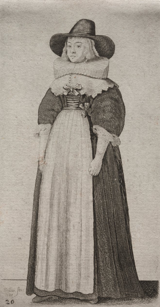 Engelska kvinnors flera vanor, från adeln till landkvinnorna som de är i dessa tider: Kvinnan med en manlig hatt och ribbonad bodice av Wenceslaus Hollar
