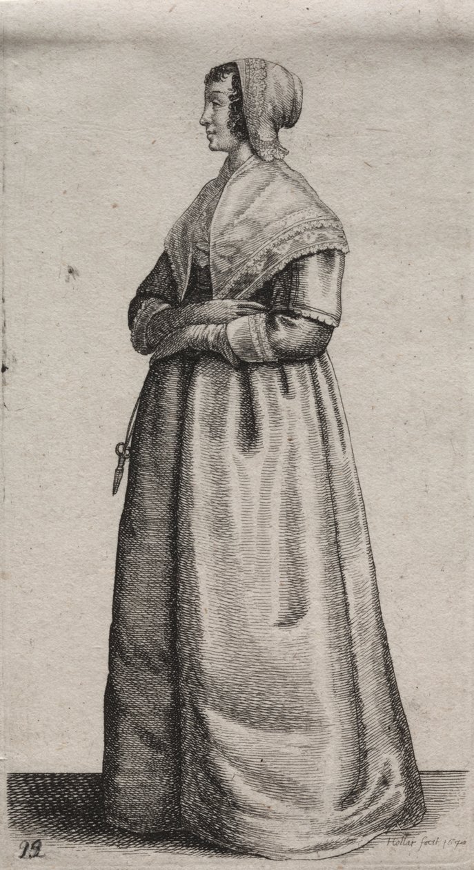 Engelska kvinnors flera vanor, från adeln till landets kvinnor som de är i dessa tider: Kvinnan med sax av Wenceslaus Hollar