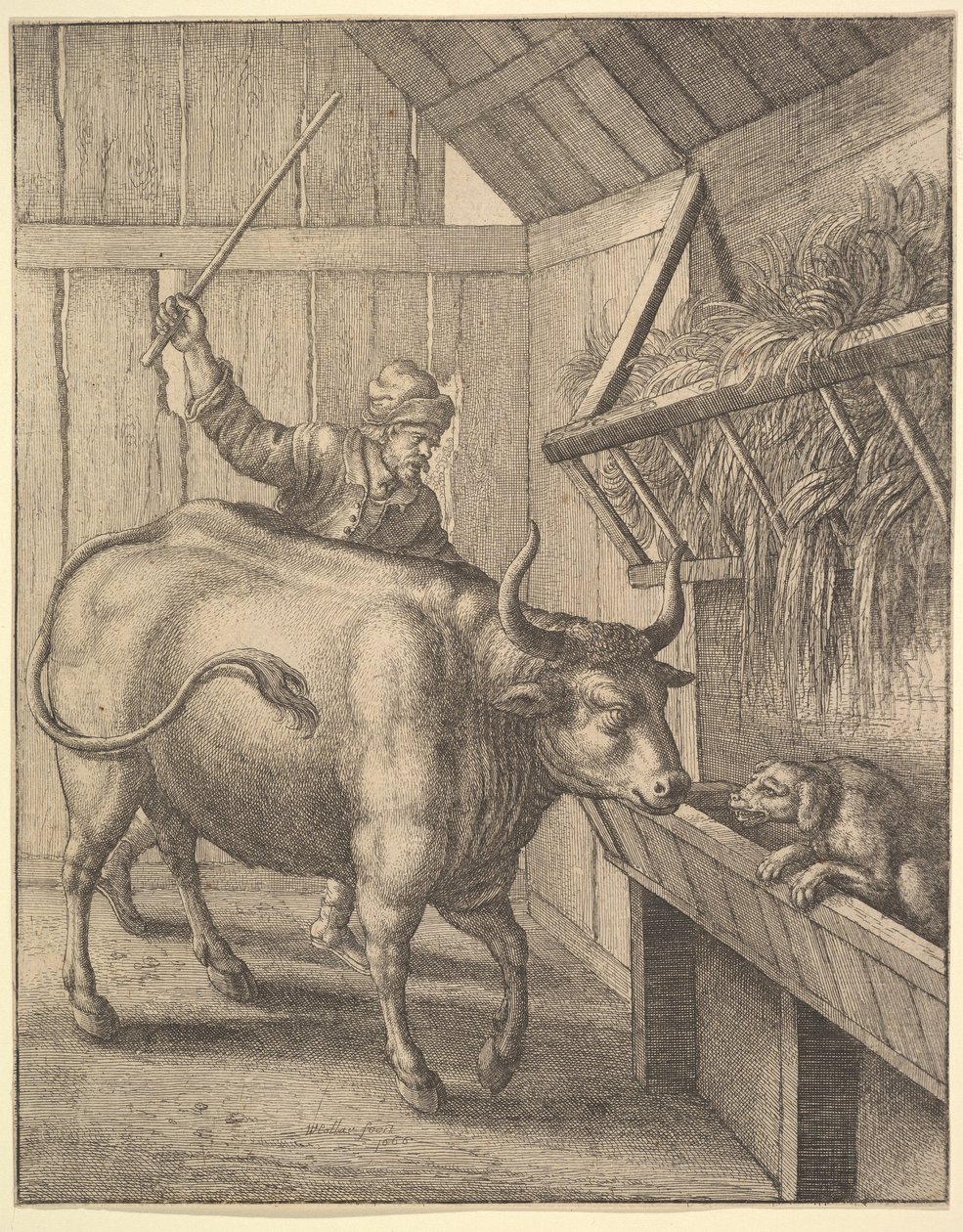Hunden i krubban från illustration till John Ogilbys Æsopics: Or A Second Collection..., 1666. av Wenceslaus Hollar