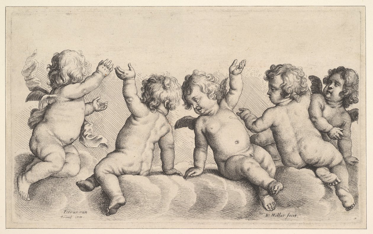 Tre keruber och två pojkar på molnen, 1620-77. av Wenceslaus Hollar