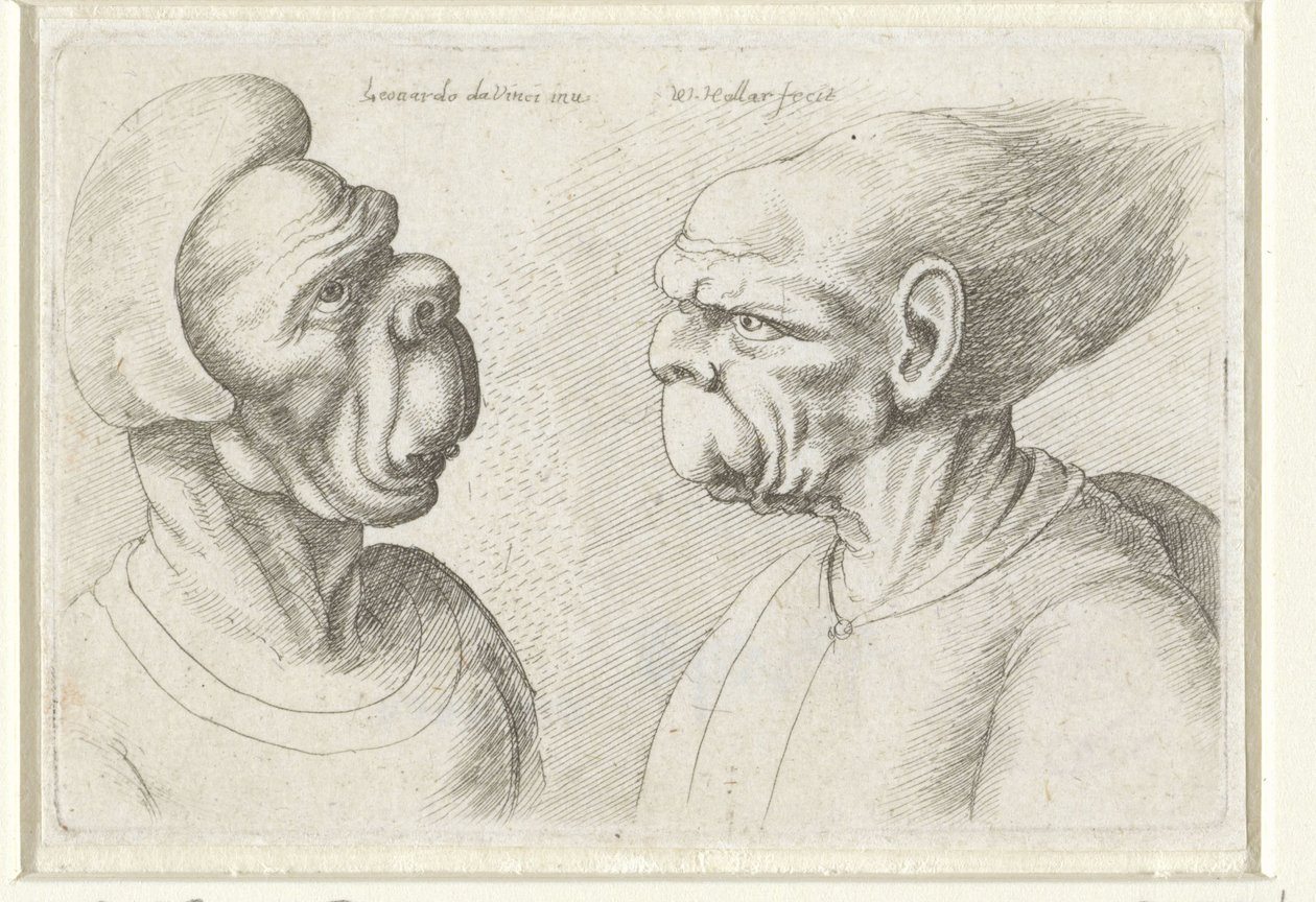 Två deformerade huvuden Varie figurae et probae (serietitel) Karikatyrer, huvuden och missbildningar efter Leonardo da Vinci (serietitel) av Wenceslaus Hollar