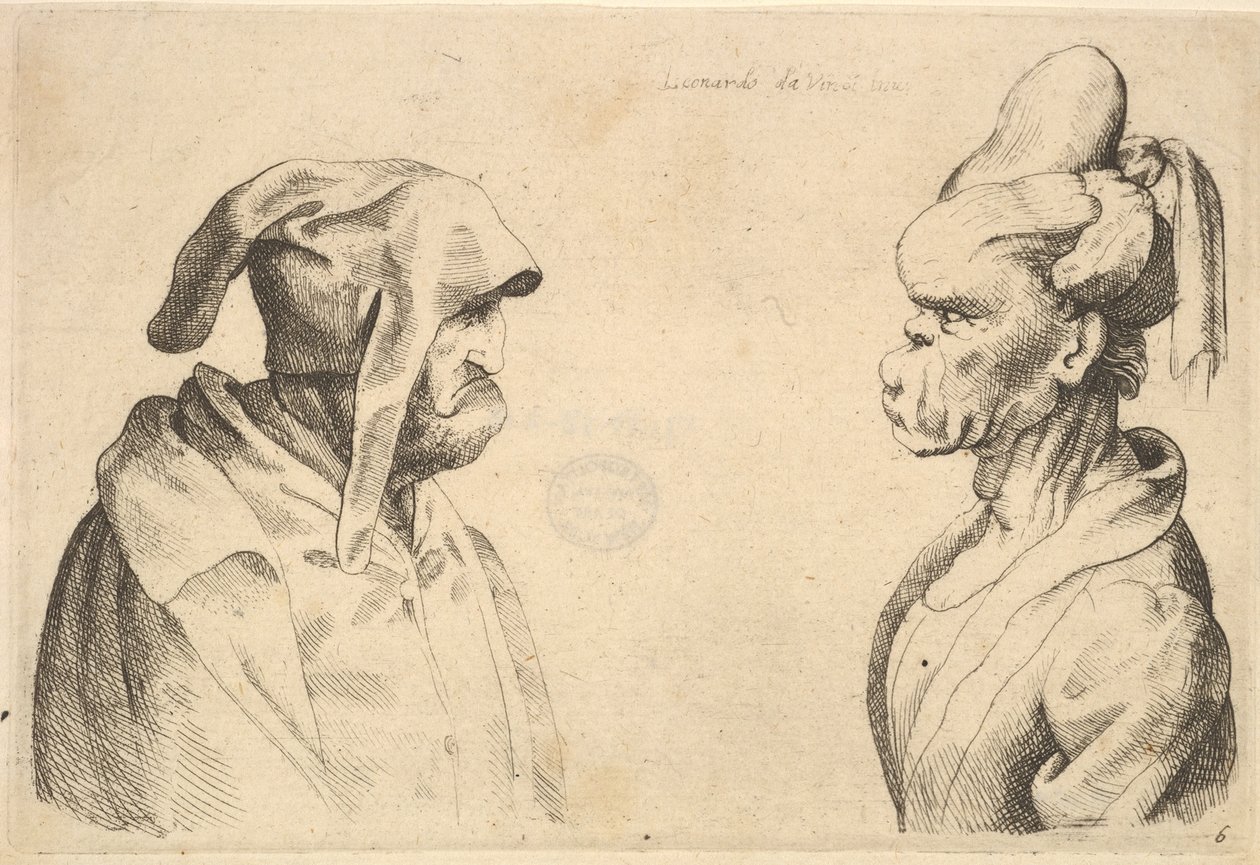 Två deformerade huvuden mot varandra, 1625-77. av Wenceslaus Hollar