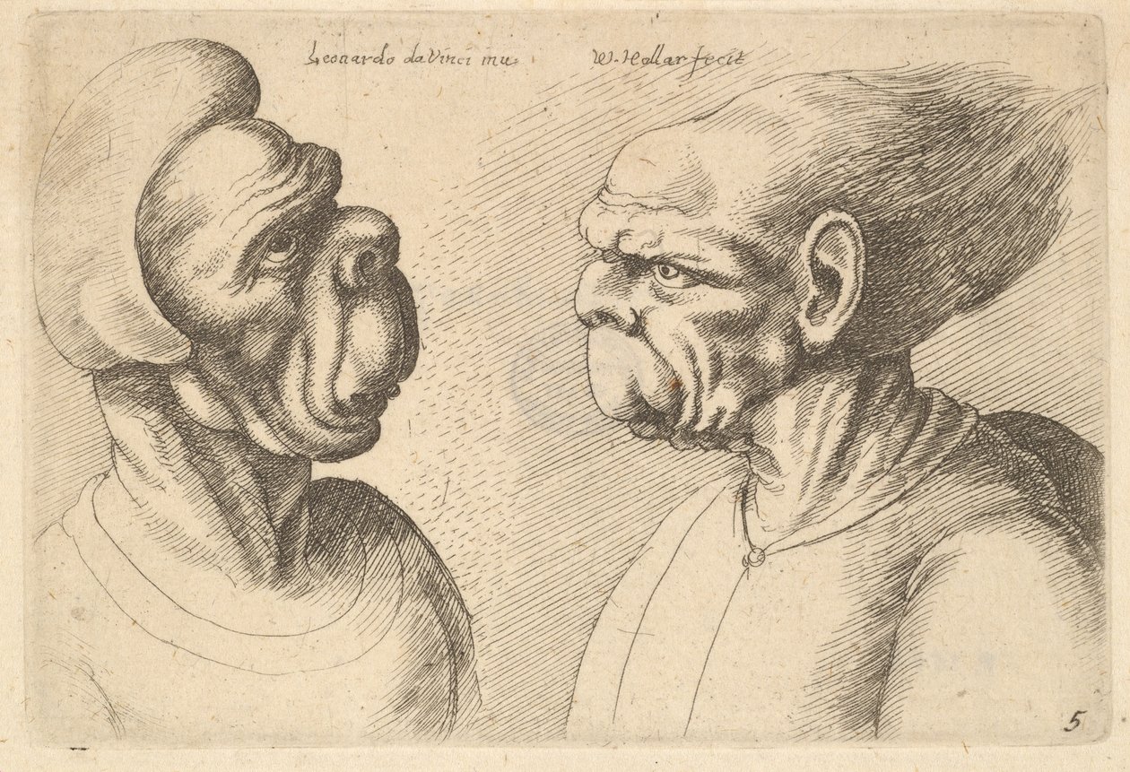 Två deformerade huvuden vända inåt, 1625-77. av Wenceslaus Hollar