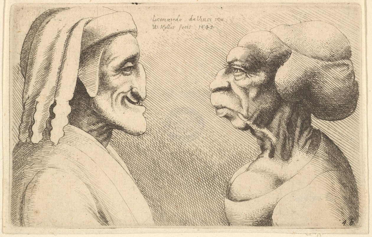 Två deformerade huvuden figuren till vänster är möjligen en karikatyr av Dante, 1645. av Wenceslaus Hollar