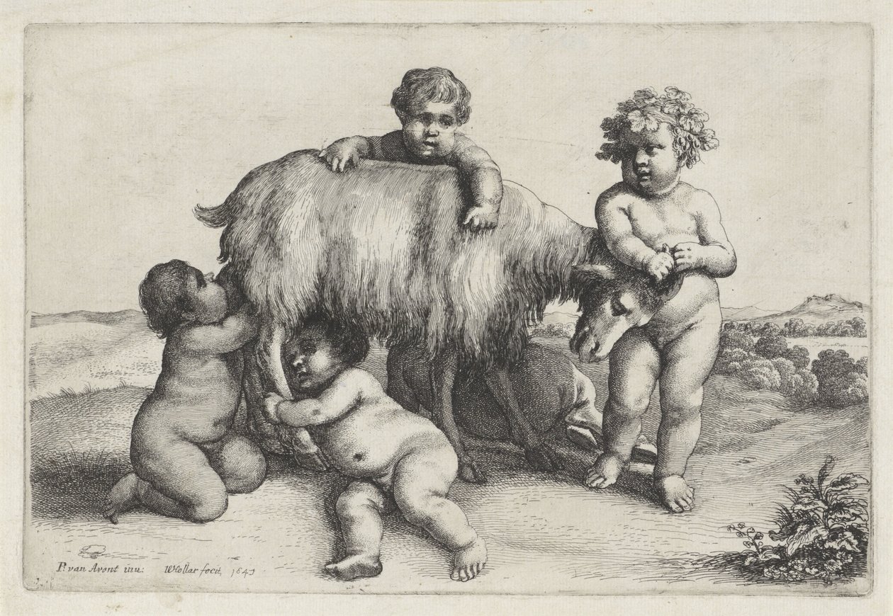 Fyra pojkar, en satyr och en get som står till höger Putti and Satyrs (serietitel) av Wenceslaus Hollar