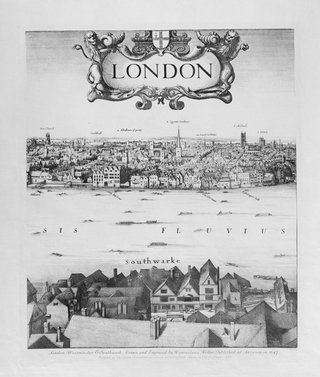 Vy över London, publicerad 1647 (faksimilkopia) (detalj) av Wenceslaus Hollar