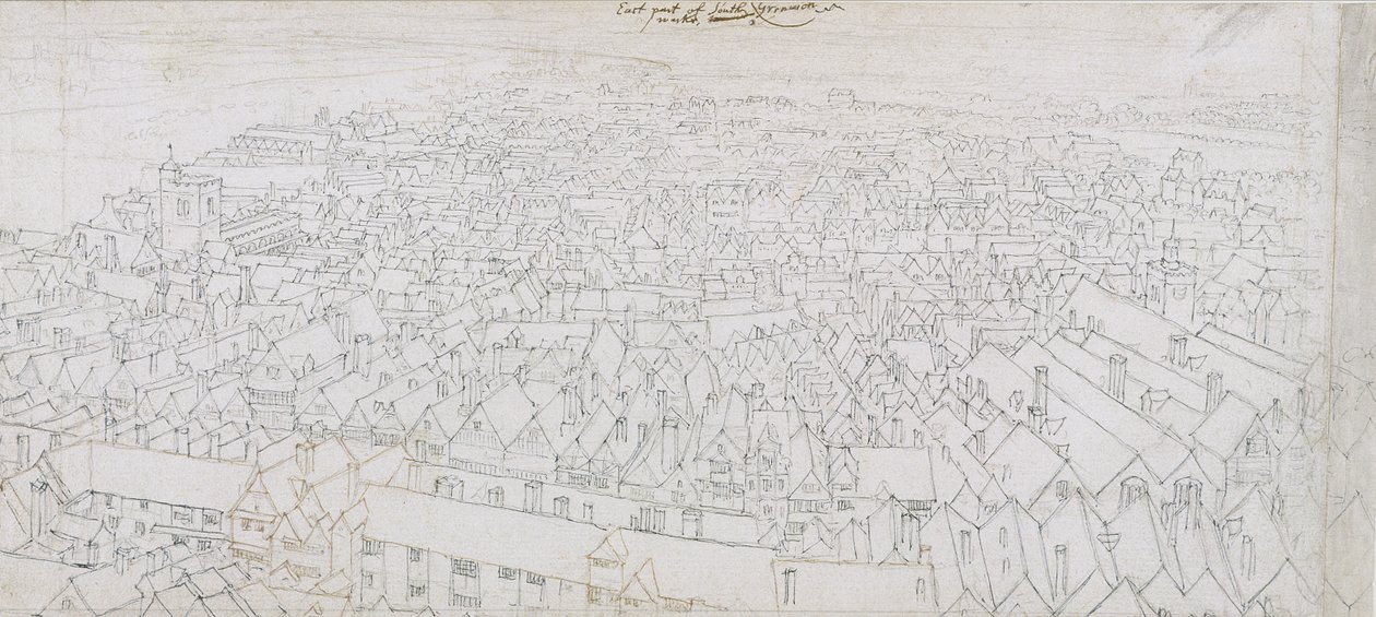 Utsikt över den östra delen av Southwark med utsikt mot Greenwich (penna, svart och brunt bläck och penna på lagt papper) av Wenceslaus Hollar