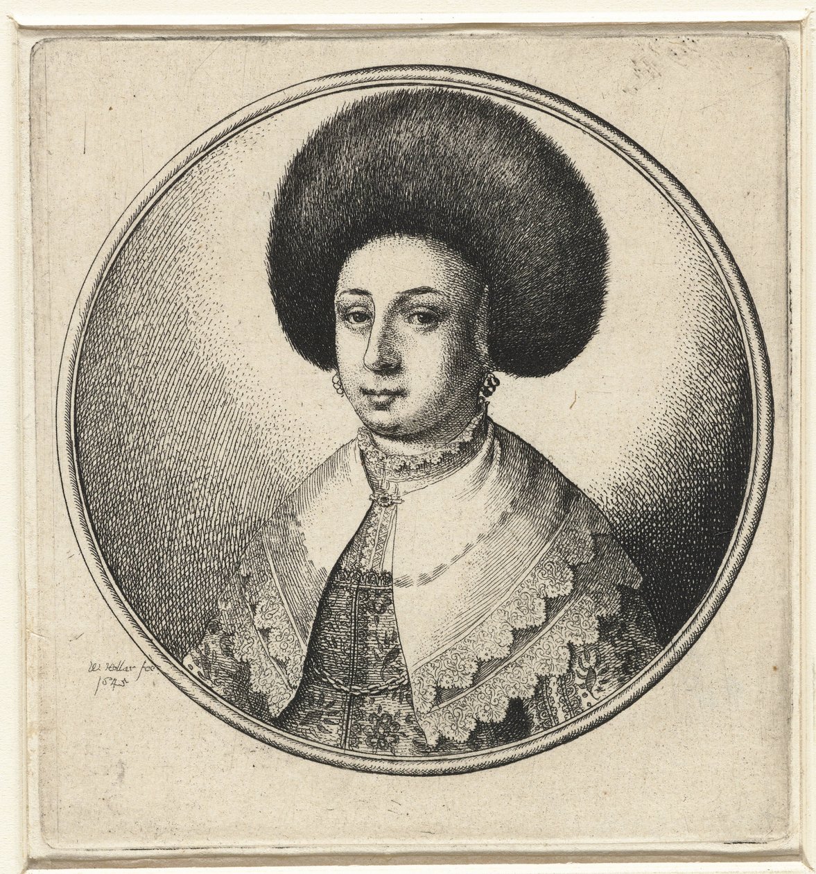 Kvinna med spetskrage, örhängen och pälsmössa Kvinnliga byster i runda ramar (serietitel) av Wenceslaus Hollar