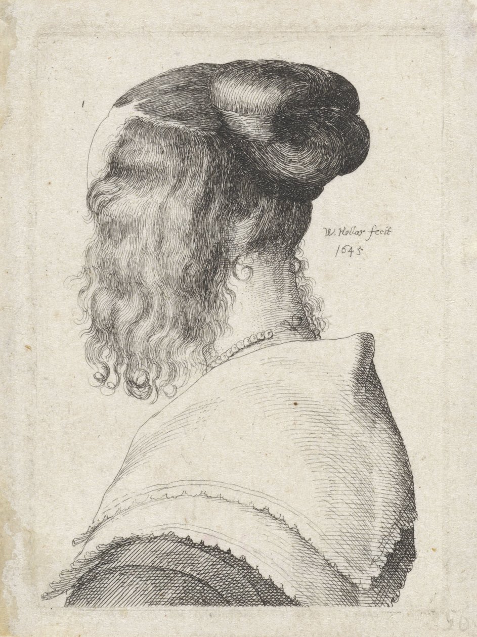 Kvinna med hår uppsatt, sedd snett bakifrån av Wenceslaus Hollar