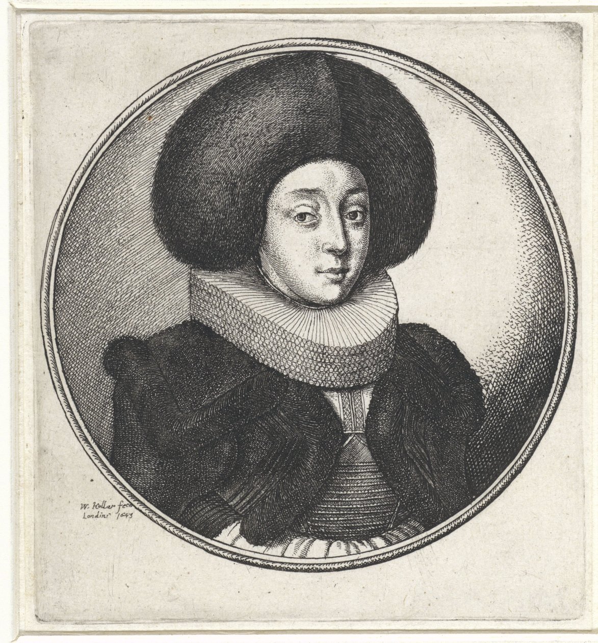 Kvinna med volangkrage och stor pälsmössa Medaljonger med kvinnobyster (serietitel) av Wenceslaus Hollar