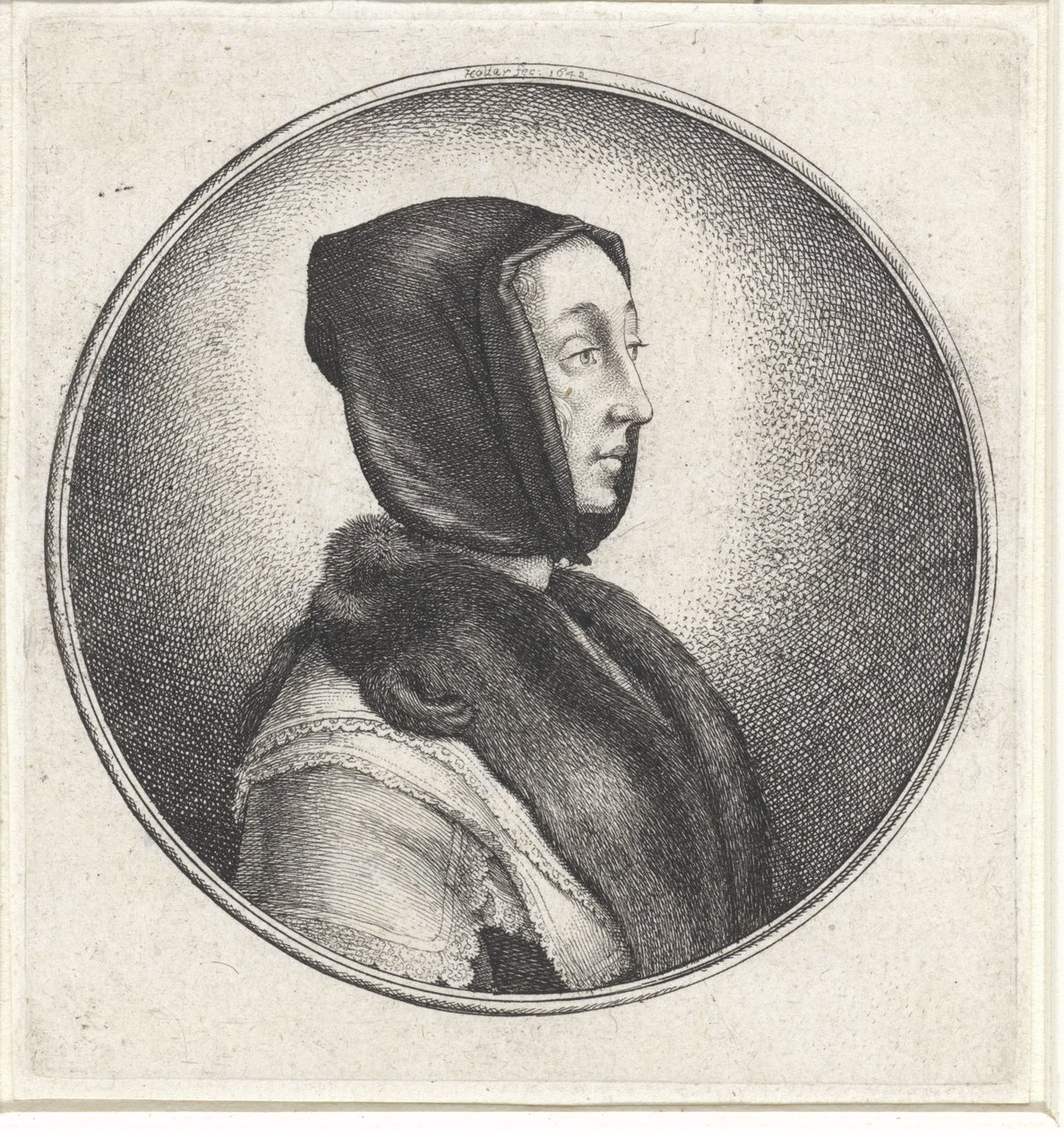 Kvinna med svart huvudduk och päls stal Medaljonger med kvinnobyster (serietitel) av Wenceslaus Hollar