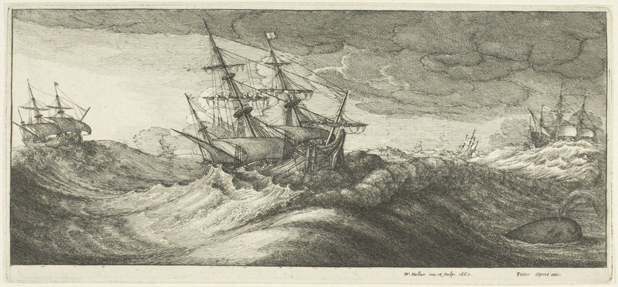 Krigsskepp och en sprutande val av Wenceslaus Hollar
