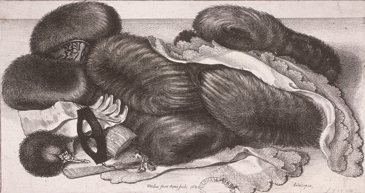 Vinterplagg för en kvinna, inklusive muffar, handskar och näsdukar, 1647 av Wenceslaus Hollar