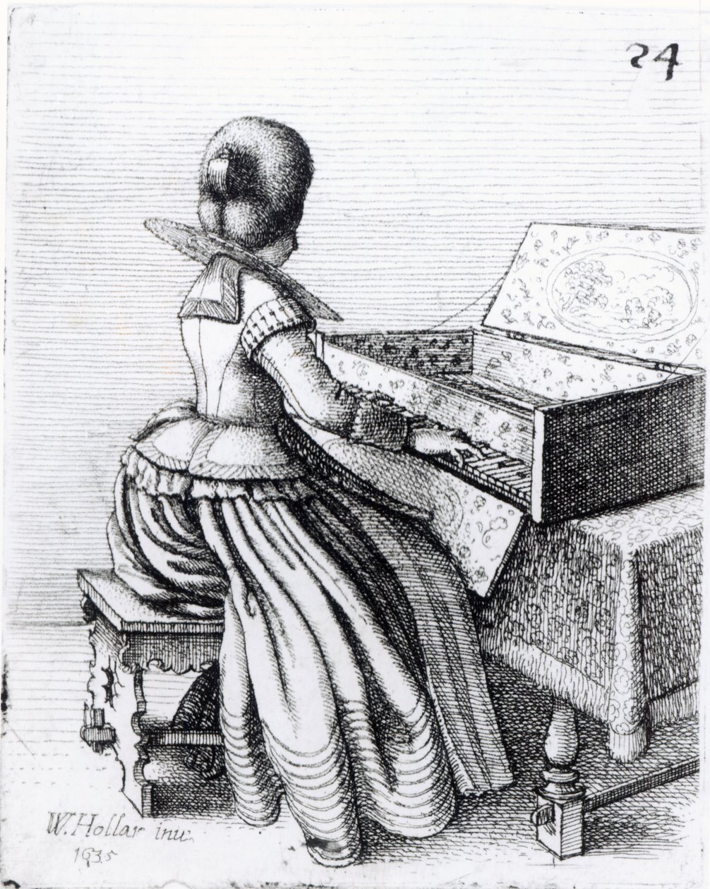 Kvinna som spelar på ett klaviatur, 1635 av Wenceslaus Hollar