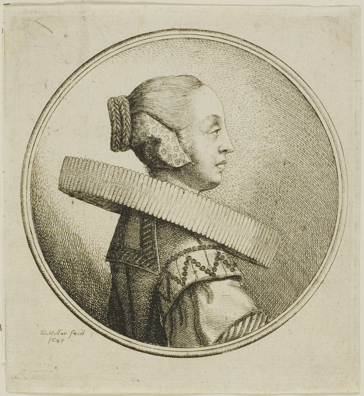Kvinna med rund spets Ruff i profil till höger av Wenceslaus Hollar