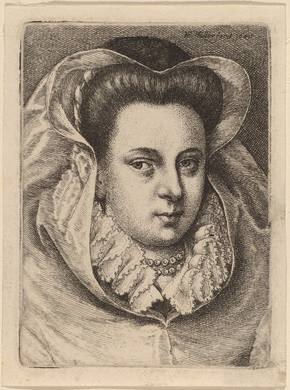 Kvinna med vit slöja och svart hatt (Mary Stuart?) av Wenceslaus Hollar