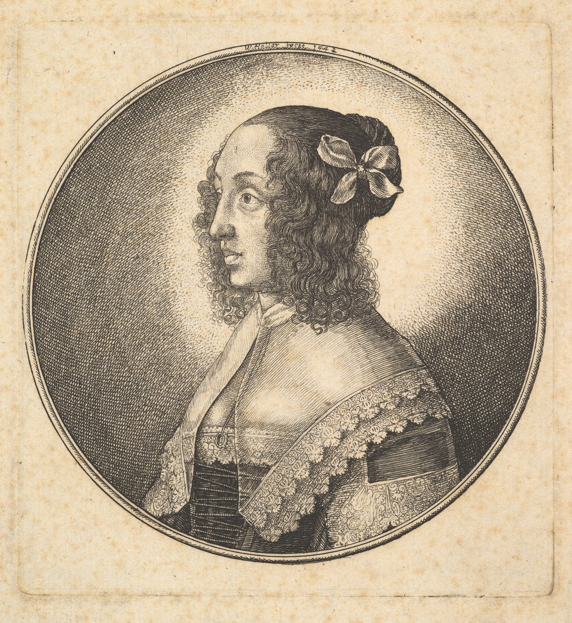 Kvinna med mörkt hår och rosett i profil till vänster, 1642. av Wenceslaus Hollar