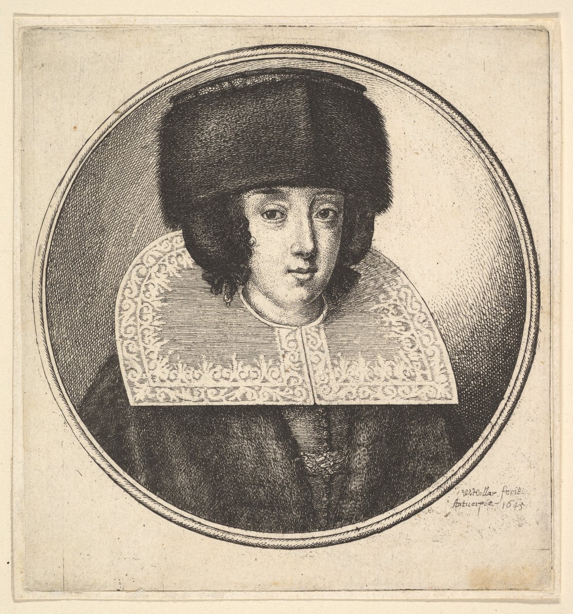 Kvinna med styv spetskrage och plattkrönt pälsmössa, 1645. av Wenceslaus Hollar
