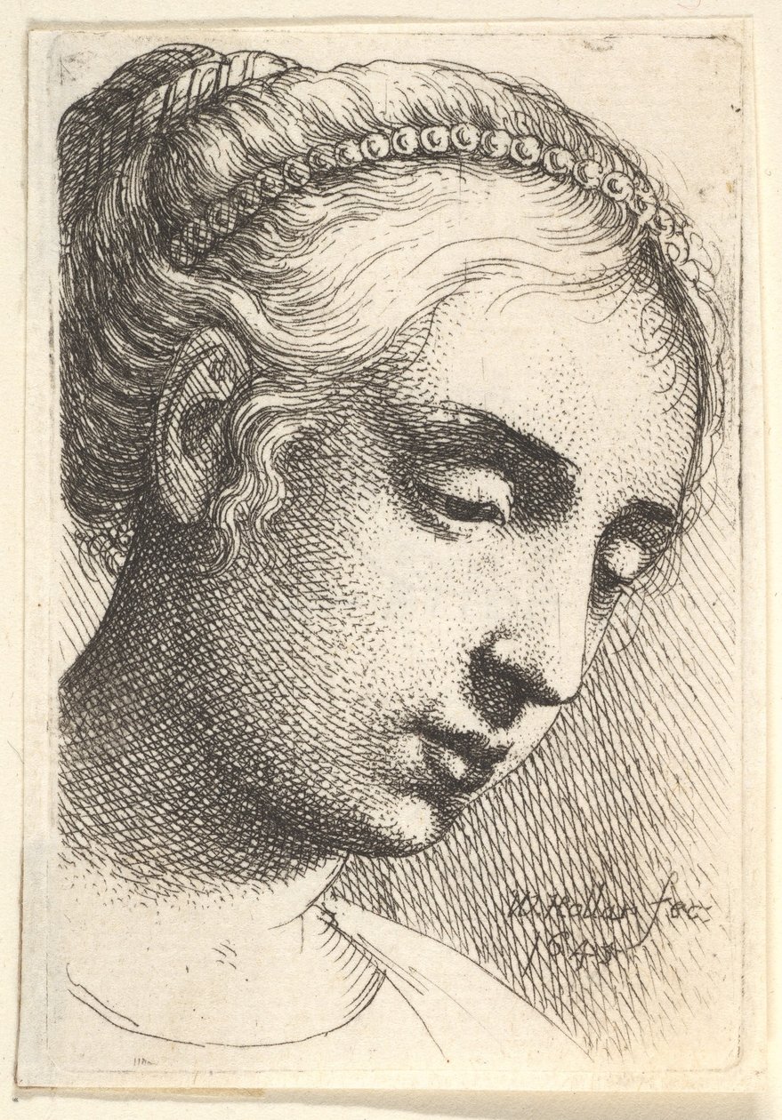 Kvinna med pärlband i håret tittar nedåt till höger, 1645. av Wenceslaus Hollar