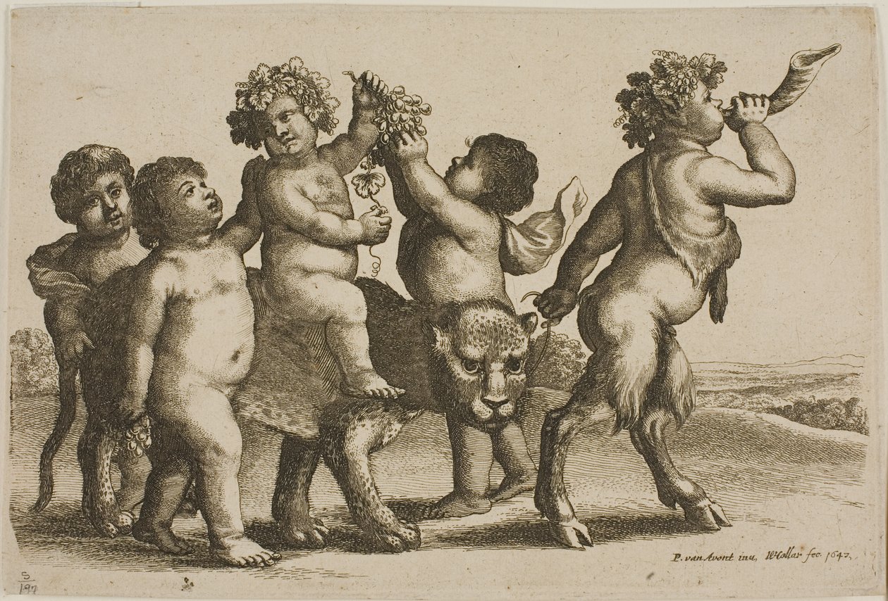 Ung Bacchus rider på en leopard ledd av en satyr som blåser i ett horn av Wenceslaus Hollar