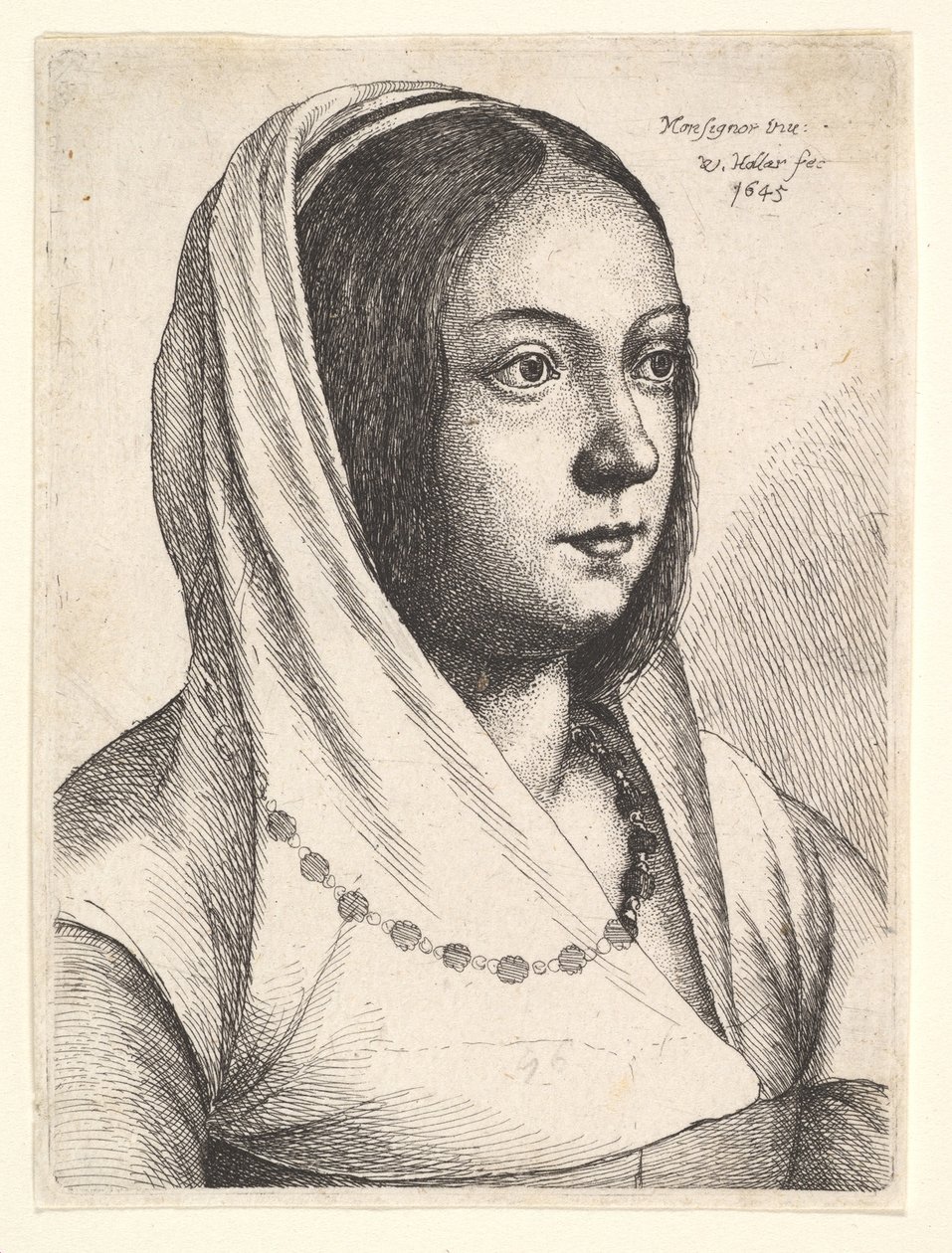 Ung kvinna med en halsduk på huvudet, efter Bonsignori, 1645. av Wenceslaus Hollar