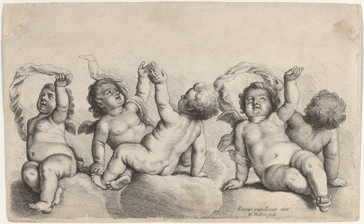 Tre keruber och två pojkar höjer varsin arm på molnen av Wenceslaus Hollar, after Peeter van Avont