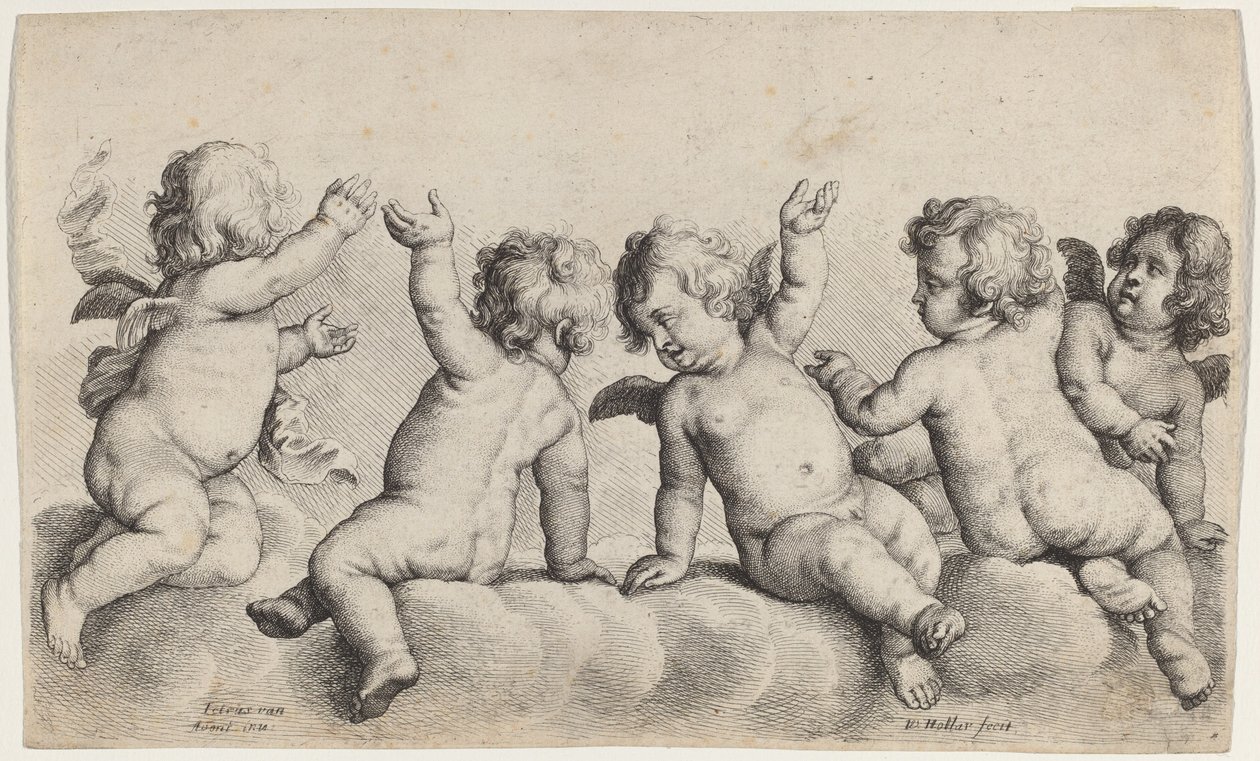 Tre keruber och två pojkar på moln av Wenceslaus Hollar, after Peeter van Avont