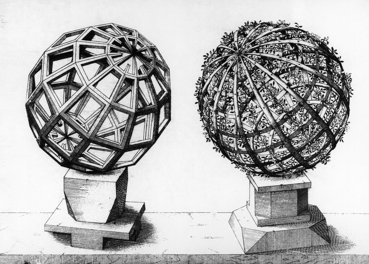 Perspektivillustration, två sfärer, gravyr från Perspectiva Corporum Regularium, av Wentzel Jamnitzer (1508-1585), Nürnberg av Wenzel I Jamnitzer