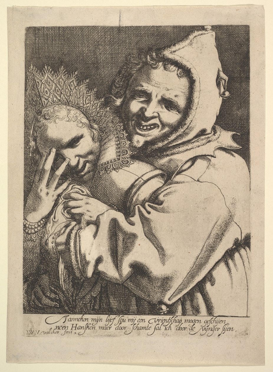 Dåre med en flicka som tittar genom hennes fingrar. av Werner Jacobsz. van den Valckert