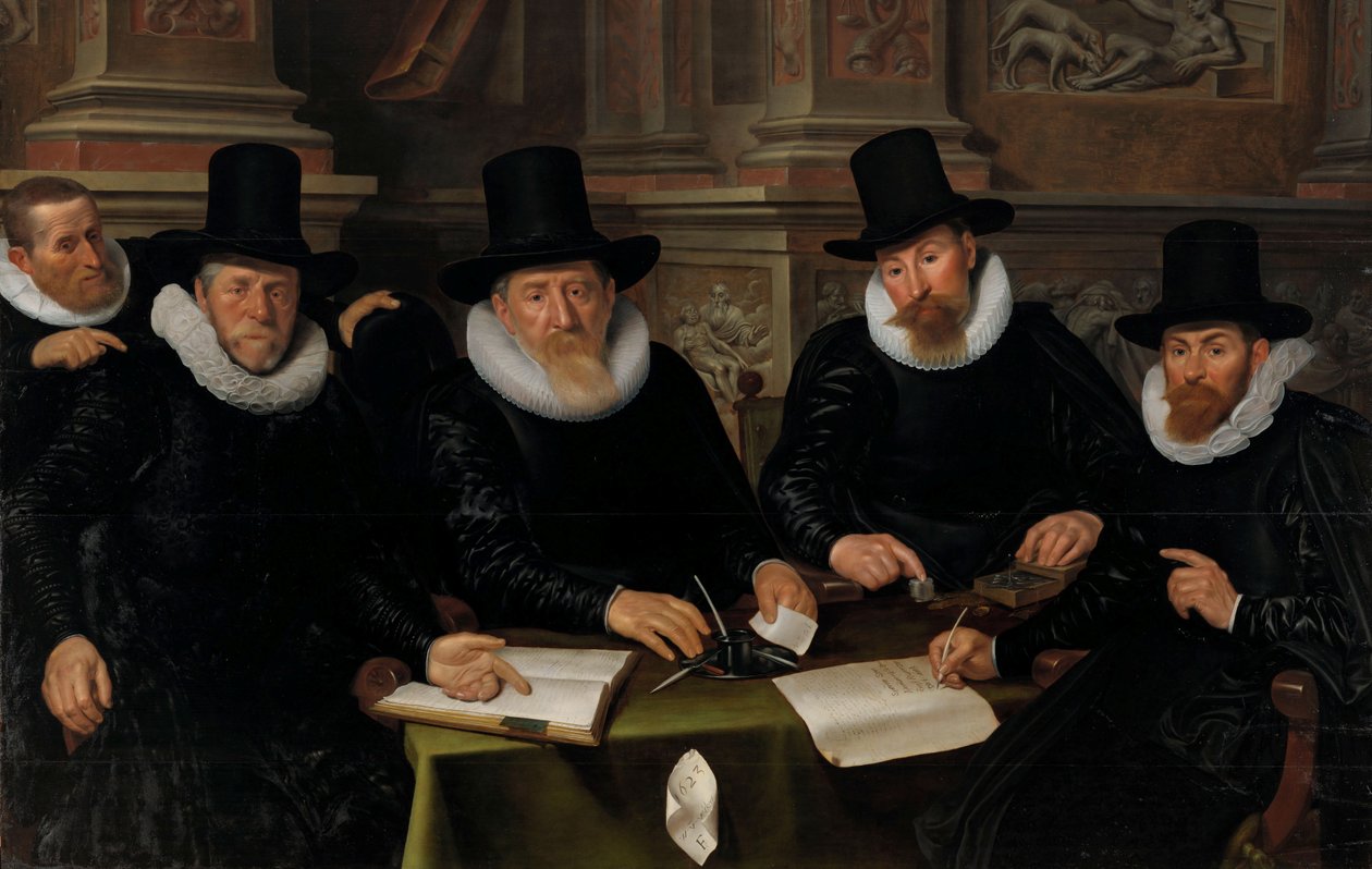 Fyra regenter och "husfadern" för spetälskvårdsanstalten i Amsterdam, 1624 av Werner Jacobsz van den Valckert