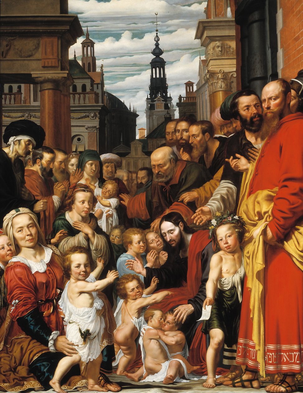 ""Låt de små barnen komma till mig"" Jesus välkomnar barnen - Målning av Werner Jacobsz van den Valckert (cirka 1585-cirka 1635) 1620 Museum Catharijneconvent, Utrecht Tyskland av Werner Jacobsz van den Valckert