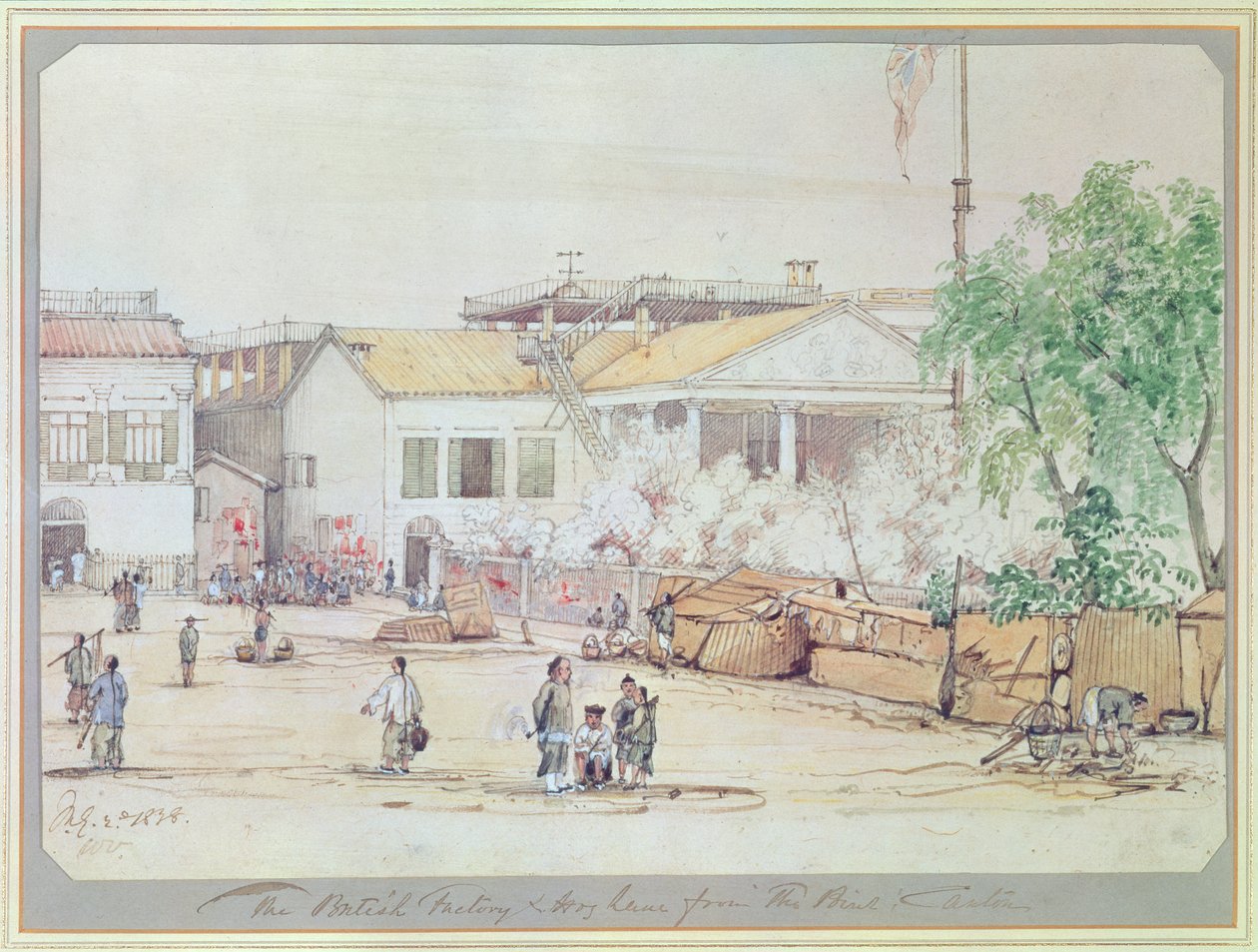 Den brittiska fabriken på Hog Lane, Canton, 1838 (wc på papper) av Werner Varnham