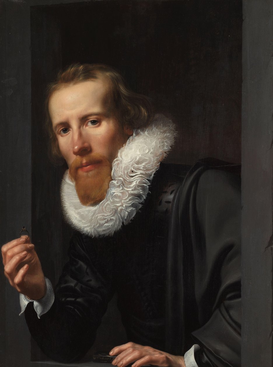 Porträtt av en guldsmed, förmodligen Bartholomeus Jansz van Assendelft Porträtt av en man med ring och prövsten, troligen Bartholomeus Jansz van Assendelft (1585-1658) av Werner van den Valckert (signed by artist)