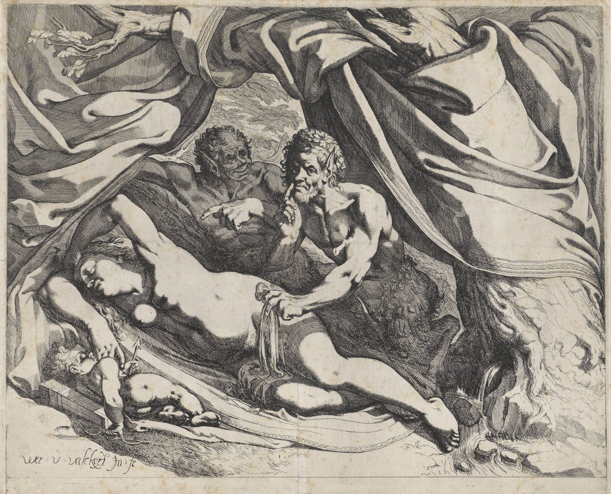 Sovande Venus bevakad av satyrer av Werner van den Valckert