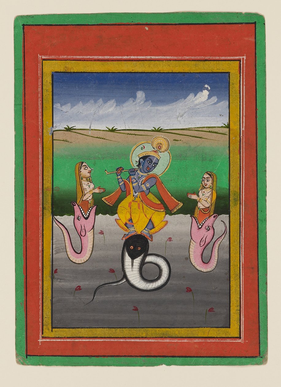 Krishna Kaliyamardaka, sent 1800-tidigt 1900-tal (gouache på papper) av West Indian School