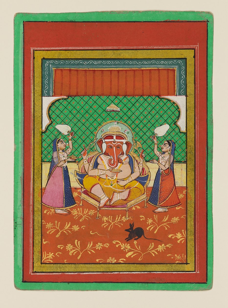 Sittande Ganesha med skötare, sent 1800-tidigt 1900-tal (gouache på papper) av West Indian School